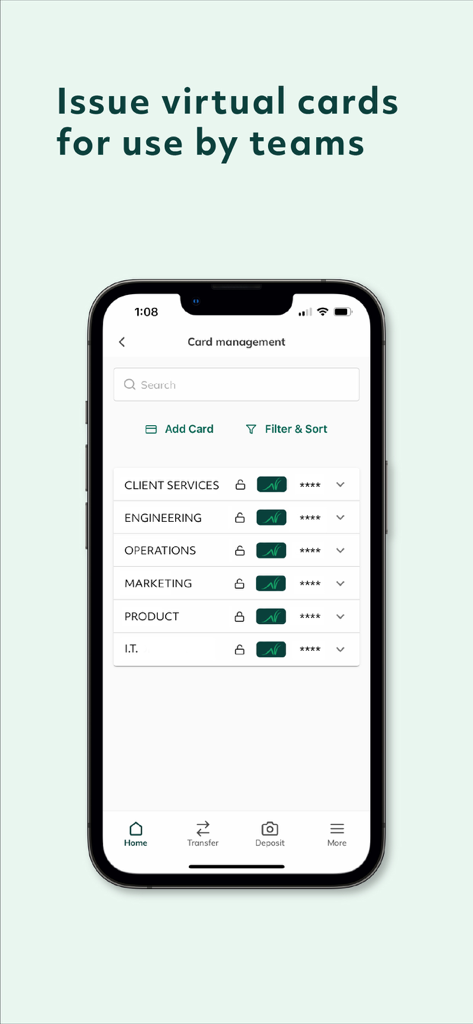 Grasshopper Bank Business - Grasshopper Bank app screen for issuing and managing virtual cards for business teams.