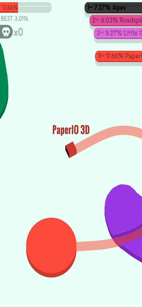 3D PaperIO - Pie battle ground - Gameplay screenshot of 3D PaperIO showing a player trail capturing territory and the live leaderboard