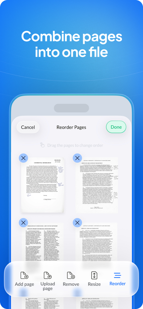 Scan.Plus app screen showing the feature to combine and reorder multiple scanned document pages into one file