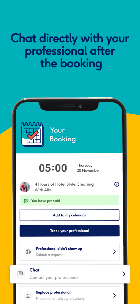 GetCleaner - Home Services - Ein Screenshot der GetCleaner-App, der Details für eine Reinigungsbuchung und eine direkte Chat-Option zur Kontaktaufnahme mit dem Dienstleister zeigt.