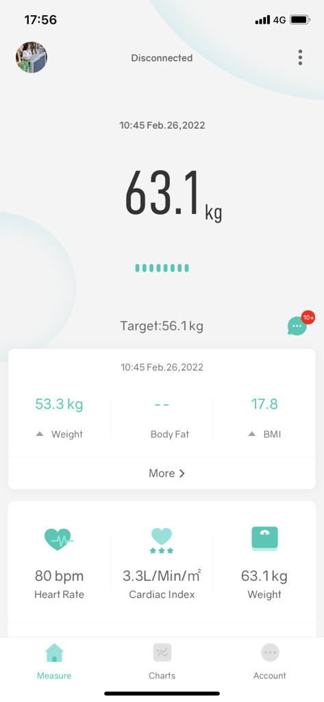 Starfit app dashboard displaying current weight measurement of 63 point 1 kilograms along with BMI and heart rate metrics