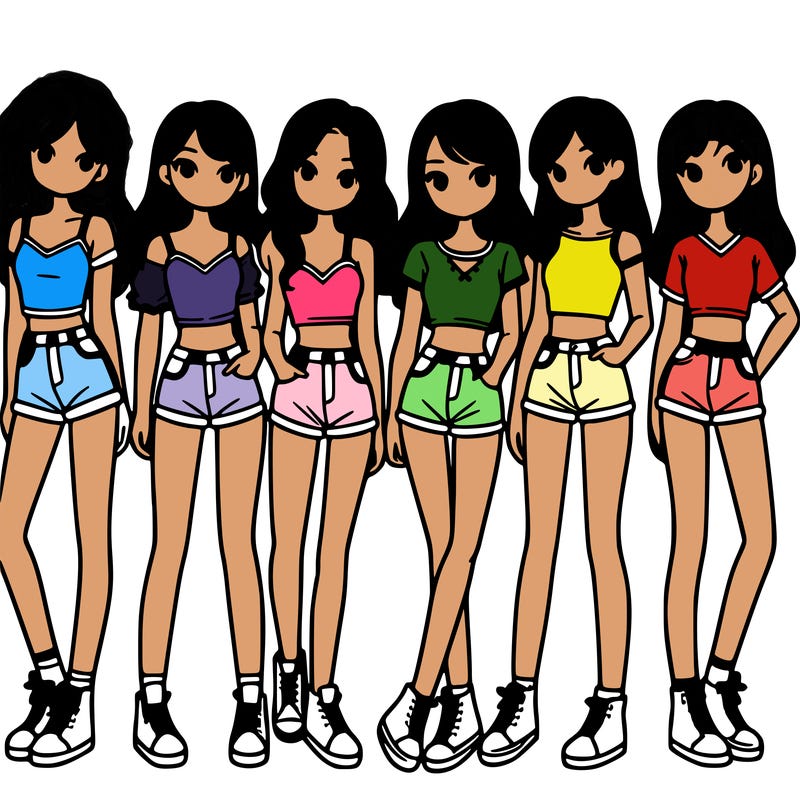 a group of girls wearing crop tops and shorts