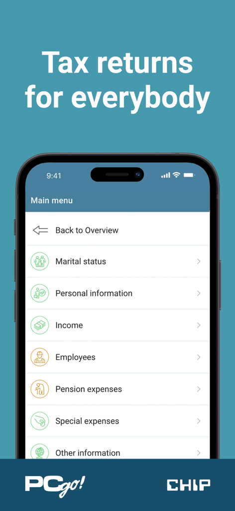 Tax Return Germany | Steuer Go - Menú principal de la aplicación móvil SteuerGo que muestra las categorías de declaración de impuestos alemana en inglés