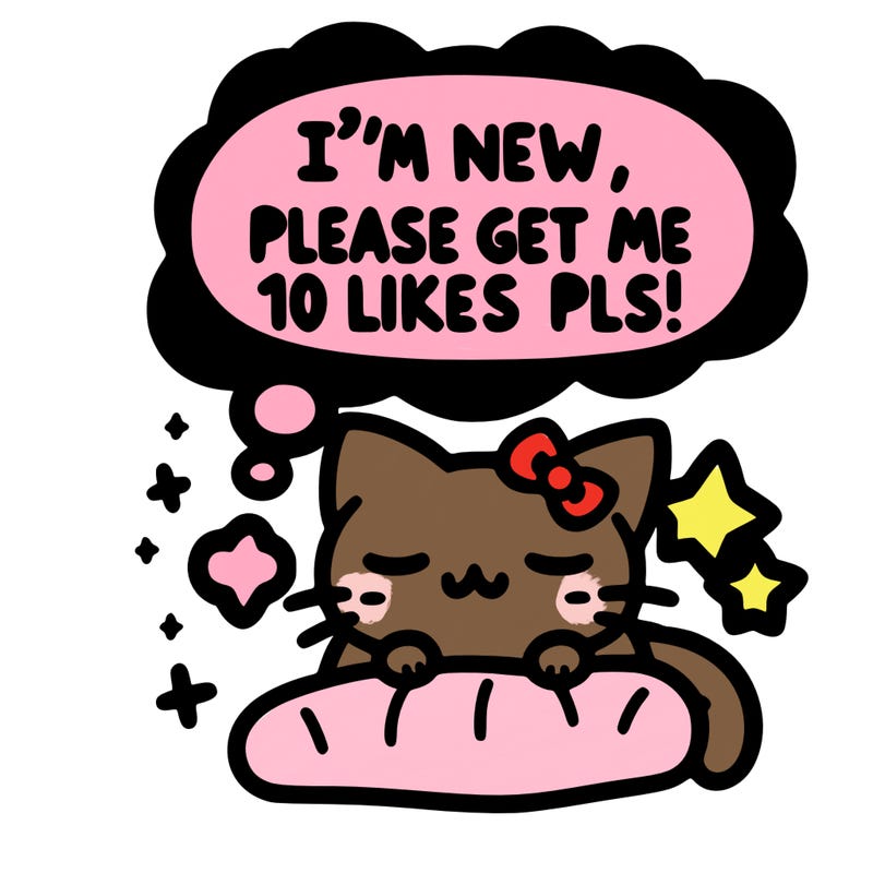 kitty taking a nap dream talking and saying "i'm new, please get me at least 10 likes pls!!"