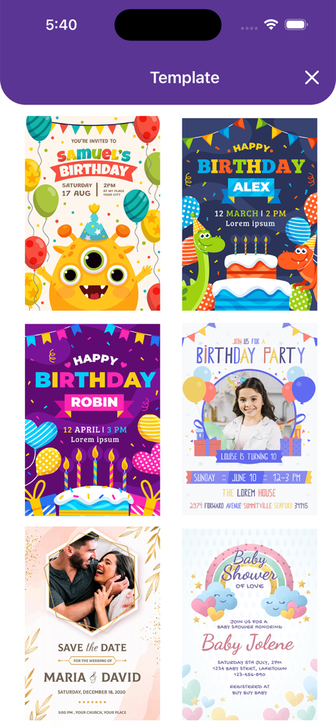 Digital Invitation Maker - Una colección de plantillas de invitaciones digitales para cumpleaños infantiles, bodas y baby showers.