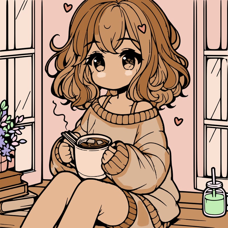 cute anime girl reading book and drinking hot chocolate from mug with loose wavy hair wearing a baggy sweatshirt and shorts sitting by windowsill looking out