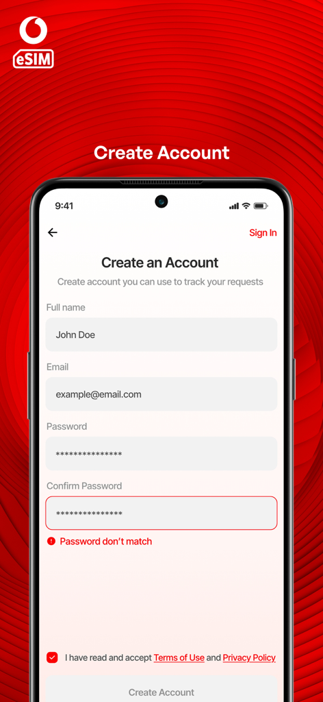 Registration screen of the Vodacom eSIM app showing the create account form with name and email fields