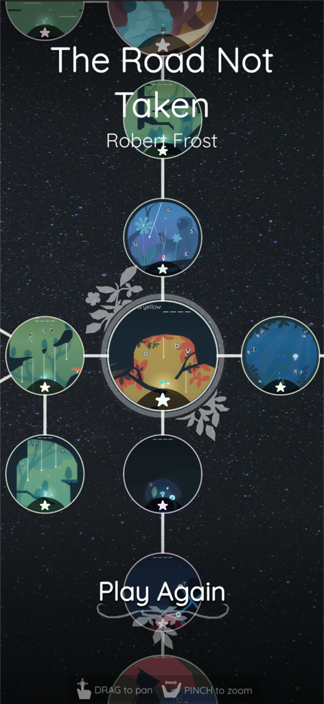Scattered Verse - Level selection map for The Road Not Taken by Robert Frost in the Scattered Verse mobile game showing circular nodes against a starry background.