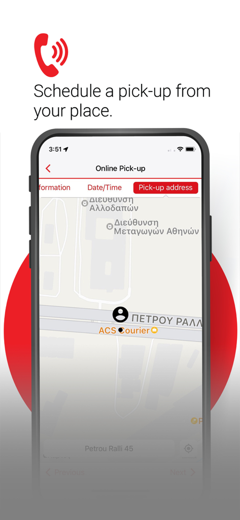 Smartphone screen showing the ACS Mobile App online pick-up feature with a map interface for selecting a location
