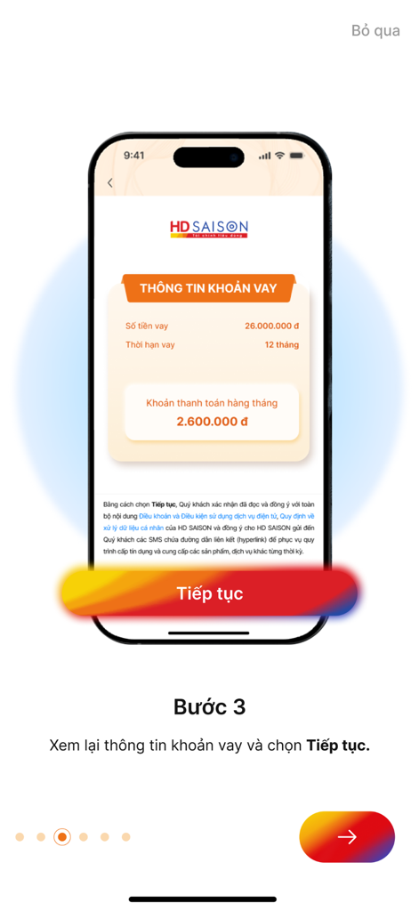 A mobile screen from the HPO app displaying loan information summary including loan amount and monthly payment