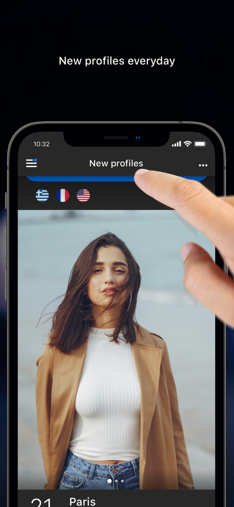 Yassou — Greek Dating - User browsing new profiles on the Yassou Greek dating app interface