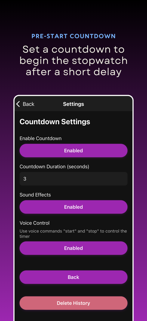 Voice-Stopwatch - Voice-Stopwatch app settings interface for pre-start countdown and voice control