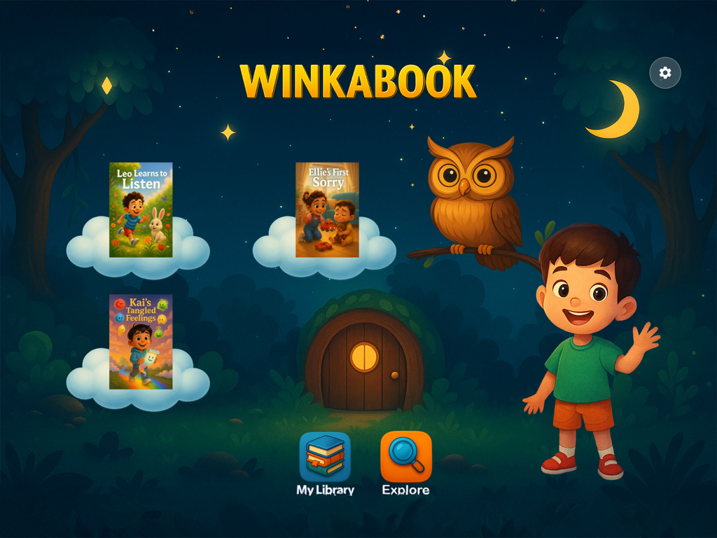 Winkabook app home screen showing a whimsical nighttime library with interactive storybooks for children