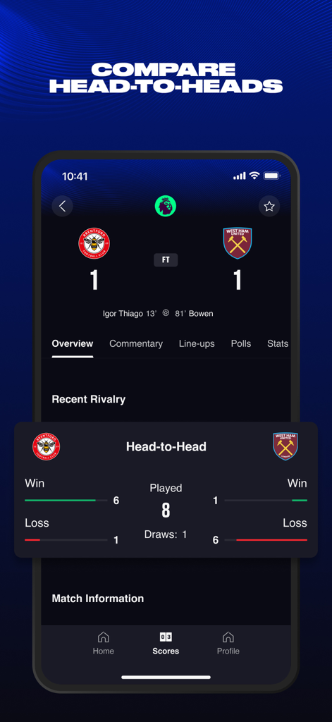 EA SPORTS App: Soccer & more - EA SPORTS App screen showing soccer match results and head-to-head team statistics comparison between Brentford and West Ham United.