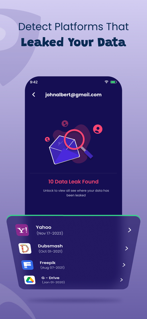 Phone Protection for iPhone - Una pantalla móvil que muestra una función de detección de fugas de datos que identifica plataformas donde la información personal del correo electrónico se ha visto comprometida