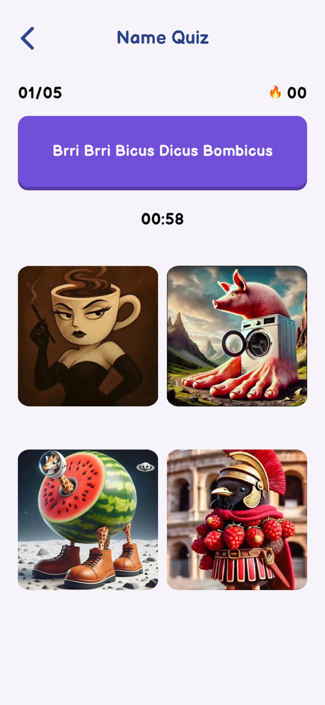 Italian Brainrot Quiz: Sounds - Capture d'écran d'un niveau de quiz Nom dans l'application Italian Brainrot présentant quatre personnages mèmes surréalistes et absurdes.