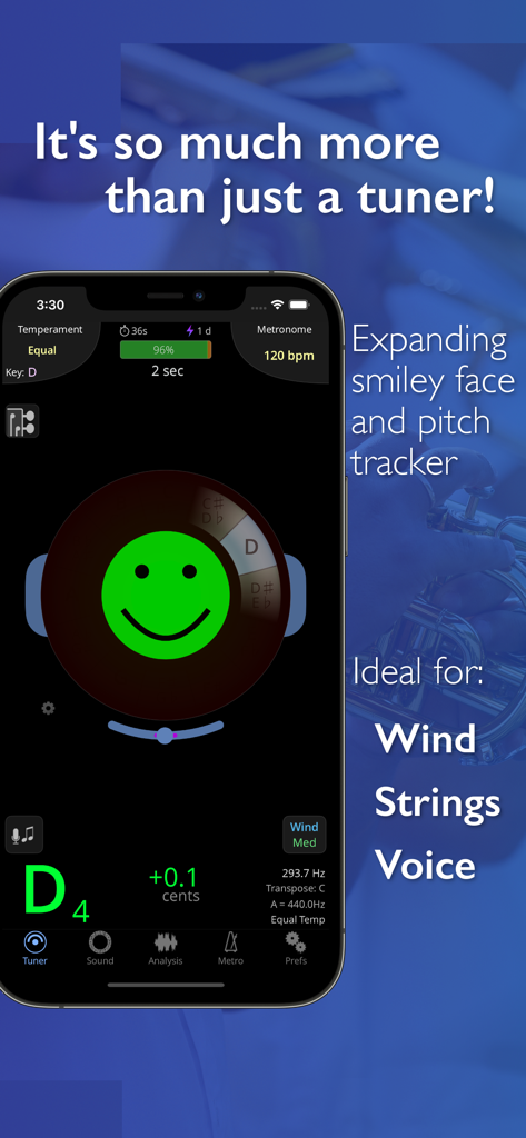 TonalEnergy Tuner & Metronome - TonalEnergy Tuner app interface showing a large green smiley face indicating correct pitch