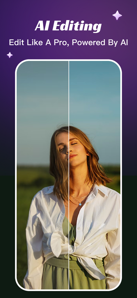 Una comparación del antes y después de una foto mejorada con herramientas de edición de IA mostrando a una mujer en un campo.