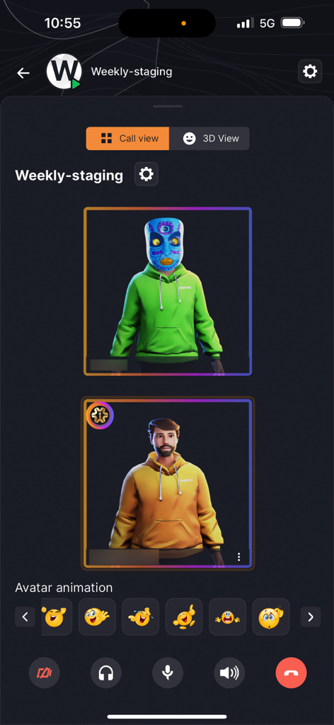 Interface of the Sonix app showing 3D avatars in a call room with animated emoji reactions