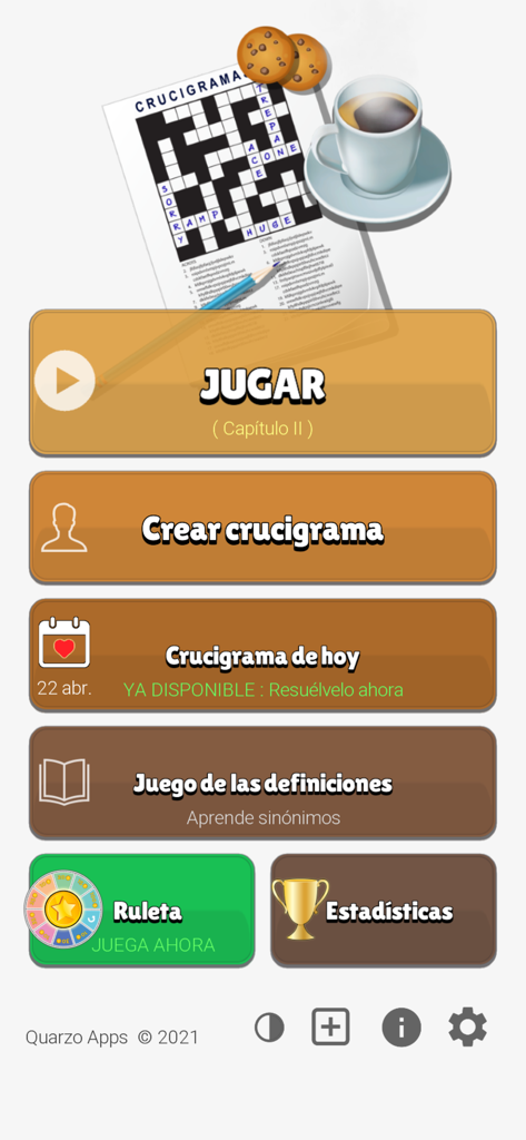 Menú principal de la aplicación móvil Crucigramas clasicos mostrando opciones de juego en español