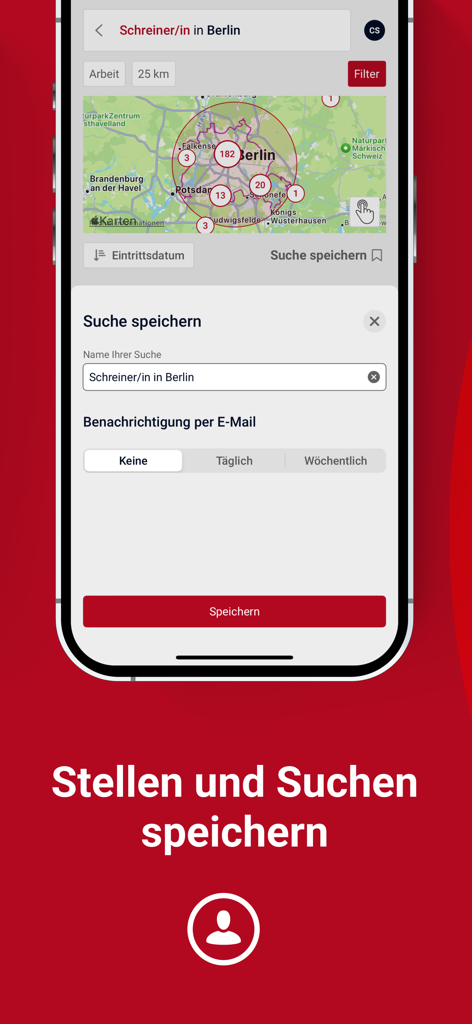 Jobsuche – Jobportal der BA - Jobsuche app screen showing saved search settings and a map view for jobs in Berlin