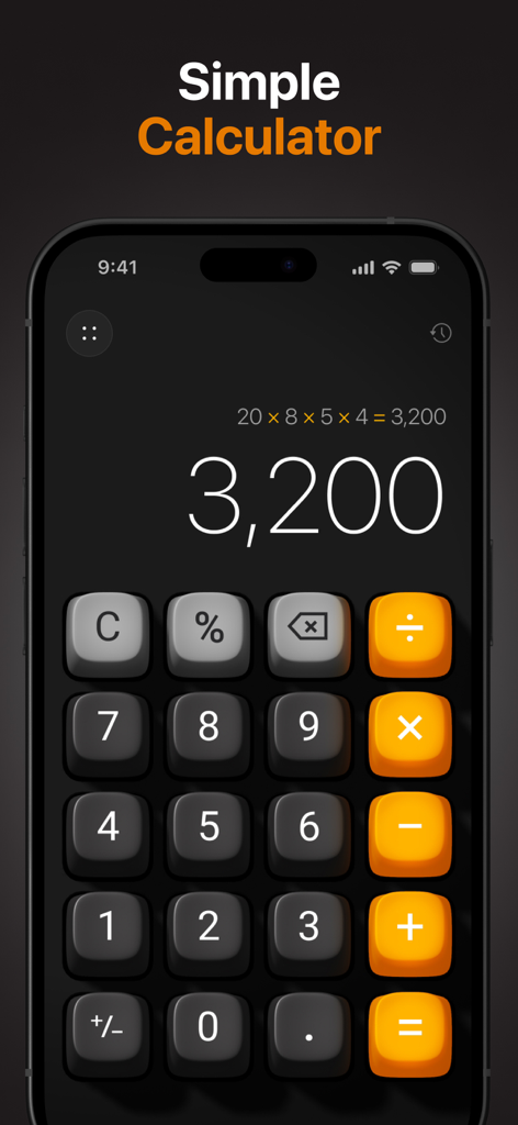 Basic Calculator with History - Aesthetic 3D calculator with history on a dark iPhone screen