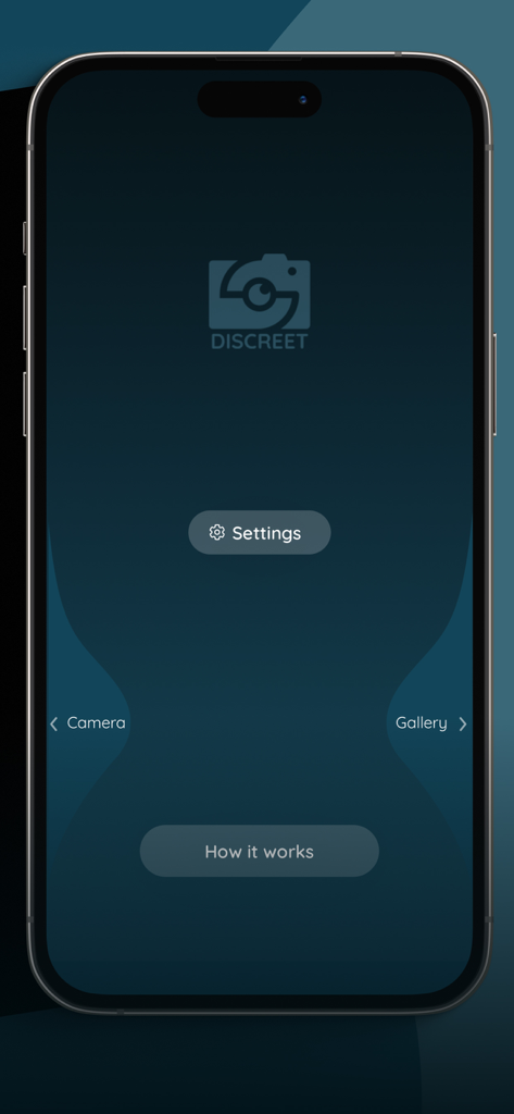 Discreet - Black screen camera - The main menu of the Discreet app on an iPhone showing options for settings camera and gallery