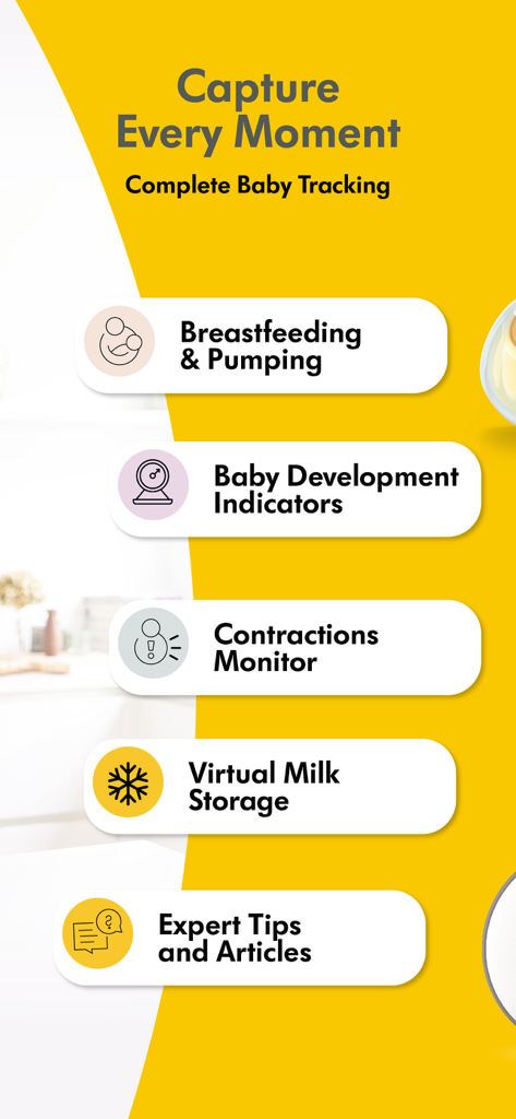 Medela Family - Breast Feeding - A list of tracking features in the Medela Family app including breastfeeding pumping baby development and virtual milk storage