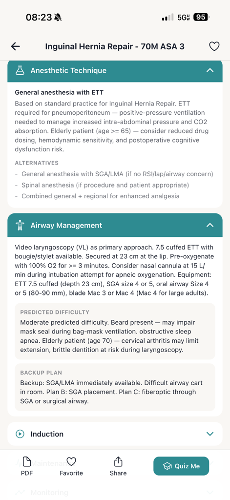 Follie - Anesthesia Assistant - Detailed anesthesia case plan for an inguinal hernia repair showing technique and airway management guidelines
