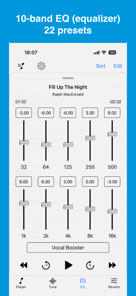 Nu-Music Player - Interfaz del ecualizador de 10 bandas de Nu-Music Player con preajuste de refuerzo vocal