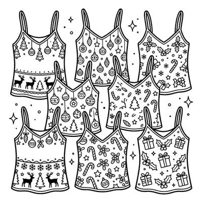 Dive into the holiday season with this unique coloring page featuring charming camisoles adorned with festive Christmas designs. Each sleeveless top is a canvas for your creativity, offering intricate details of reindeer, ornaments, and more.