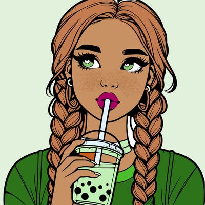 realistic girl with braided hair drinking boba