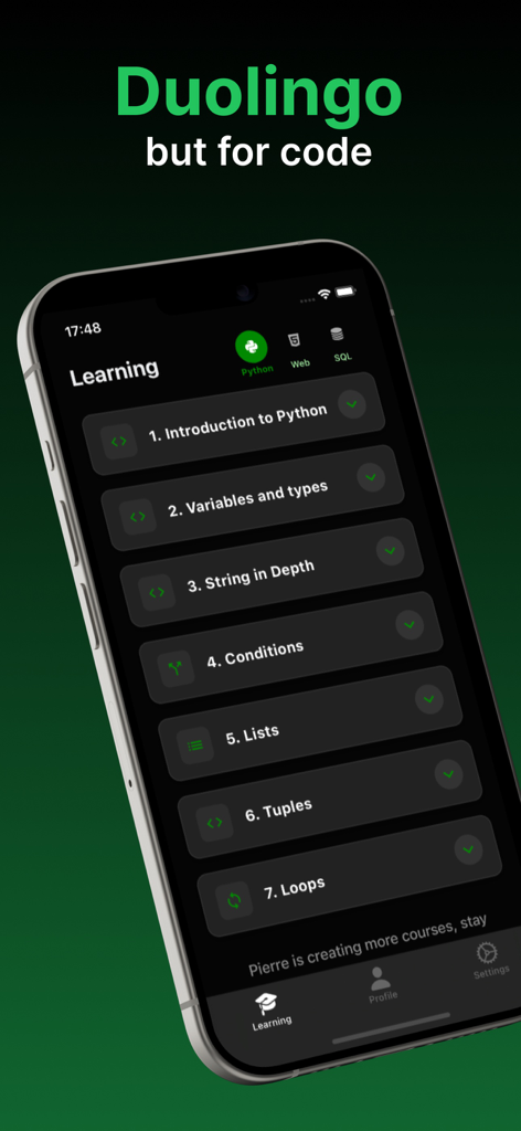CodeLife - Learn to code - Interface of the CodeLife app displaying a structured list of Python coding lessons for beginners