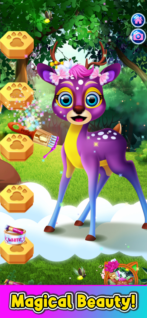 A colorful purple deer with a flower crown being groomed with a paintbrush in a magical forest setting.
