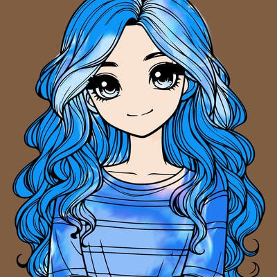 realistic girl with long, wavy hair and cute shirt