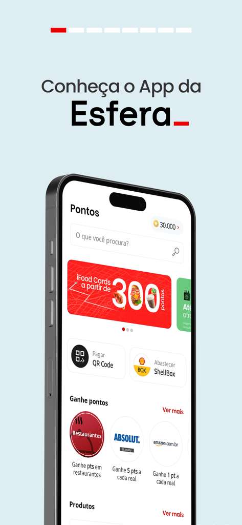 Esfera - Pontos - Interface do aplicativo Esfera mostrando o saldo de pontos e recompensas de lojas parceiras como a Amazon