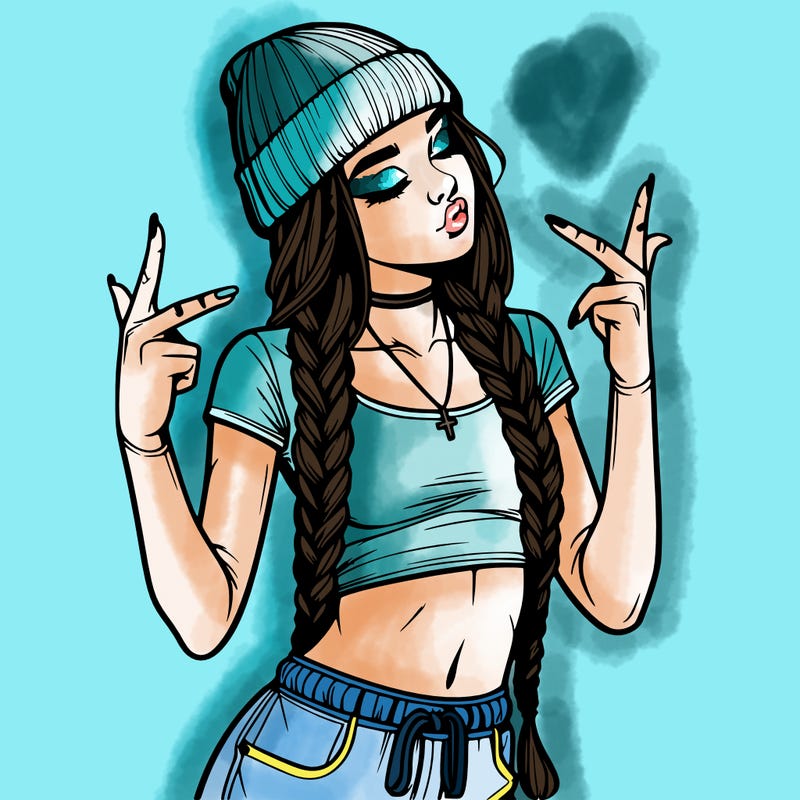 realistic teenage girl with braids and a beanie and crop top doing 🫶🏼