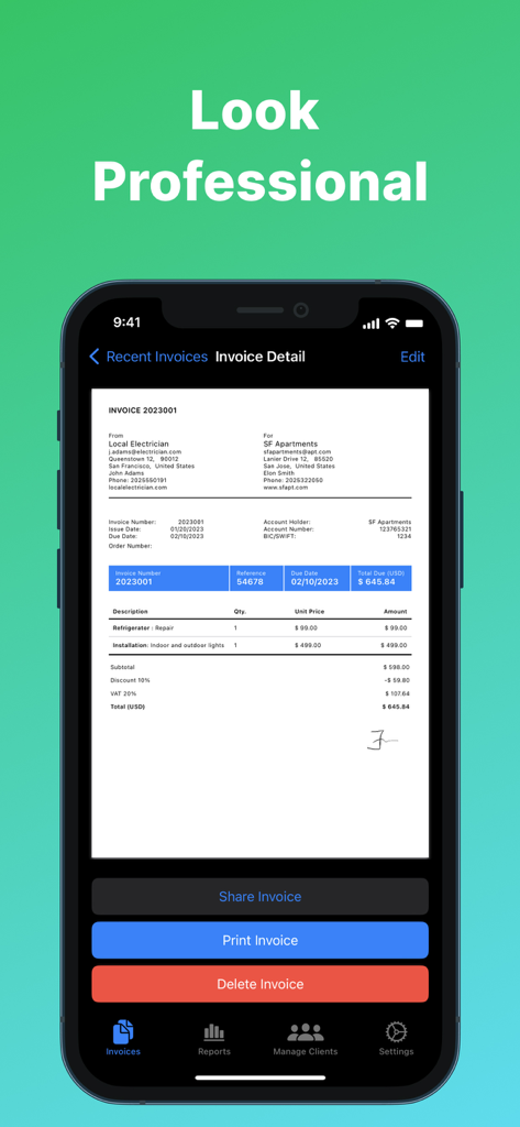Mobile app screen showing a professional invoice with signature and billing details.