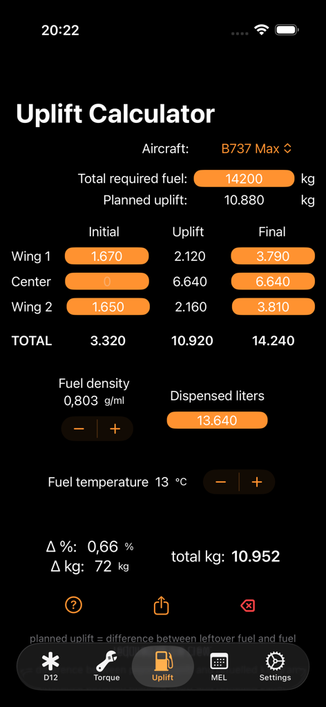 easyB1 - easyB1アプリの燃料搭載量計算機のスクリーンショット。B737 Max航空機の燃料計算を表示しています。