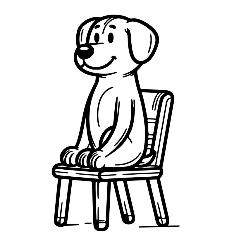 a dog facing right on a chair sitting like a human