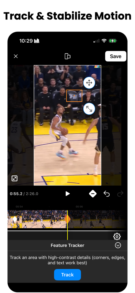 Interfaz de la aplicación Motion Track que muestra una función de rastreo de movimiento utilizada en un video de baloncesto para estabilización.
