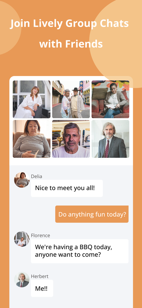 Interfaccia che mostra una vivace chat di gruppo con membri maturi nell'app di incontri Family