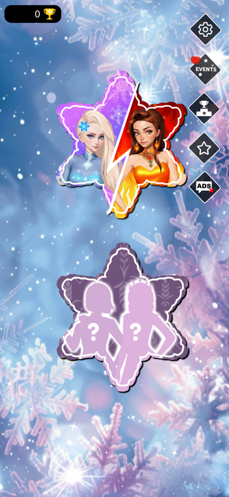 Ice & Fire Princess Dress Up - Main menu screen of Ice and Fire Princess Dress Up showing ice and fire themed princess characters