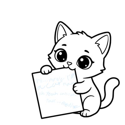 a small cat with a blank sheet of paper in its hand. the cat is sooooooo cute!