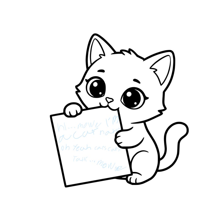 a small cat with a blank sheet of paper in its hand. the cat is sooooooo cute!