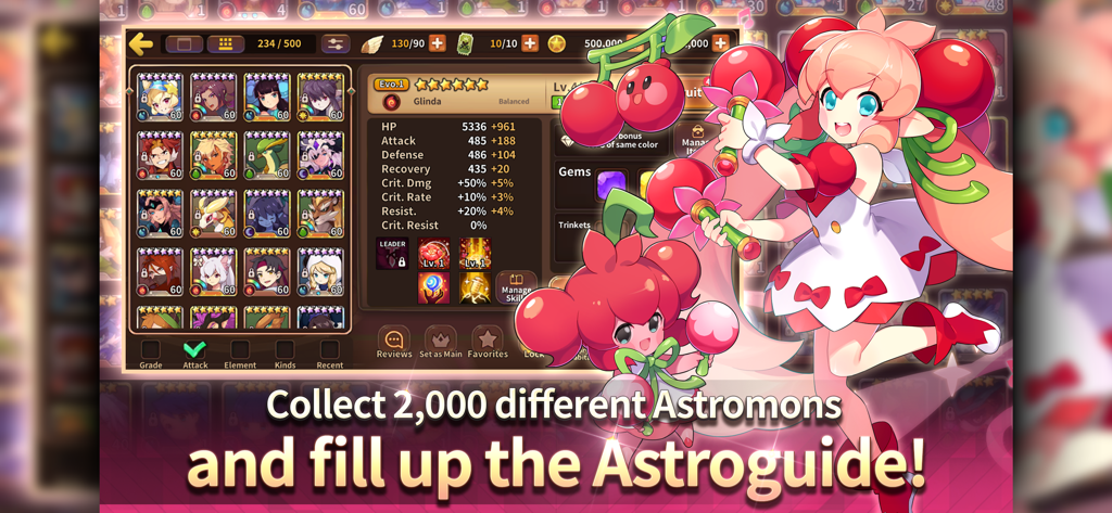 Monster Super League - Monster Super League game interface showing the Astromon collection and character stats