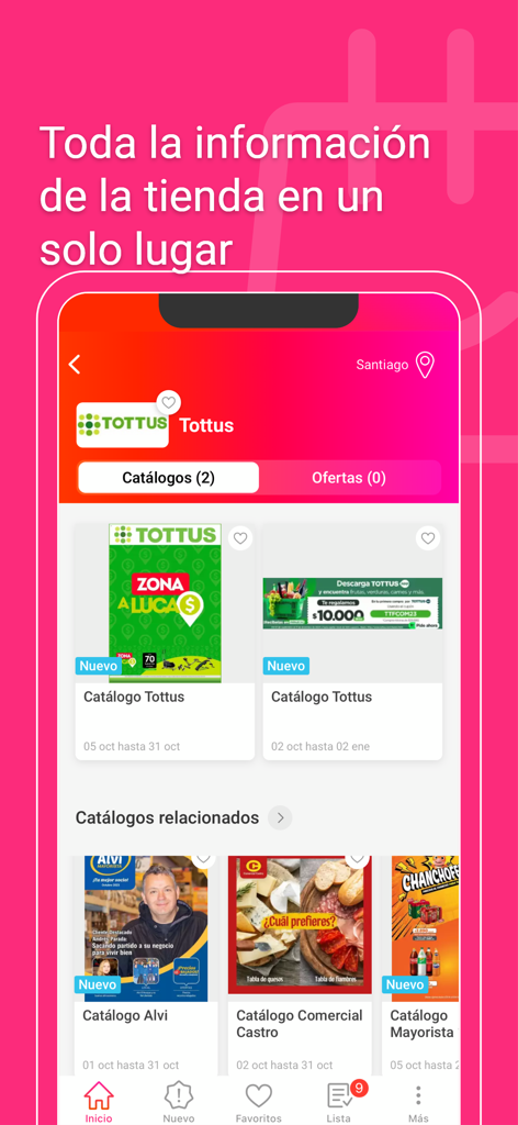 Pantalla de la aplicación móvil mostrando catálogos digitales de la tienda Tottus para Chile.