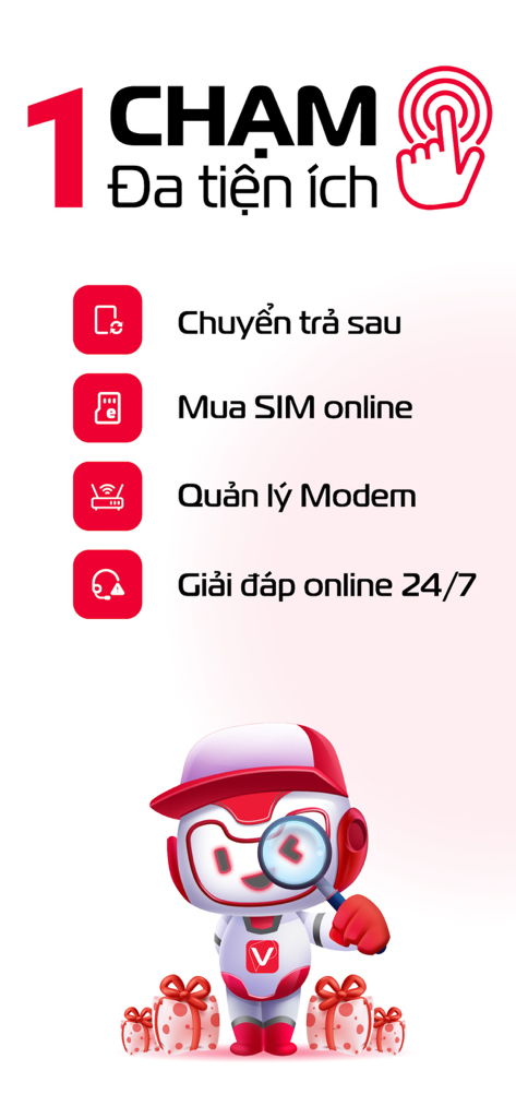 Graphique promotionnel pour l'application My Viettel mettant en avant des utilitaires en un seul geste comme l'achat d'une carte SIM et l'assistance en ligne avec une mascotte robot.