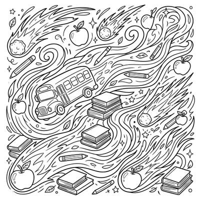 Get ready for an out-of-this-world back-to-school season with this engaging coloring page! Discover a vibrant scene where playful comet tails weave through school buses, books, pencils, and shiny apples, offering a creative start to learning.