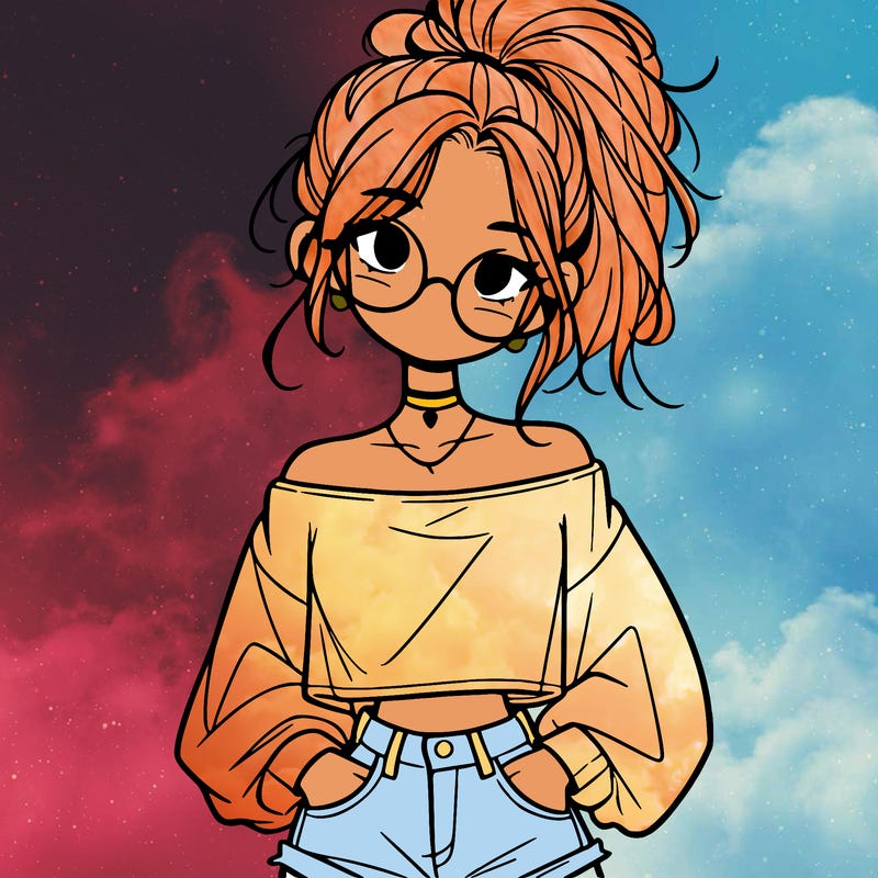 girl with a messy ponytail glasses a baggy crop top and jean shorts